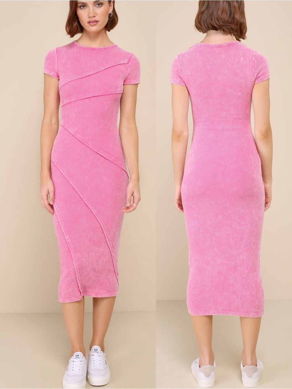 Lulus | Totally the Sweetest Washed Pink Ribbed Seamed Midi Dress